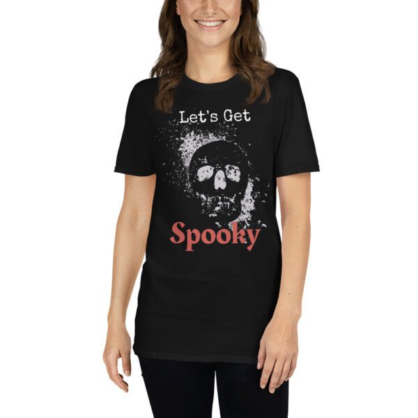 unisex Halloween T shirt with the text Let's get Spooky on a black t shirt and skull